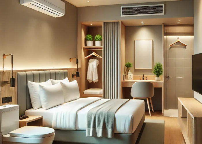 DALL·E 2025-02-21 16.31.39 – A standard hotel room featuring a cozy full-size bed, a flat-screen TV, air conditioning, a private bathroom with fresh towels, a small desk, and a wa DALL·E 2025-02-21 16.31.39 - A standard hotel room featuring a cozy full-size bed, a flat-screen TV, air conditioning, a private bathroom with fresh towels, a small desk, and a wa