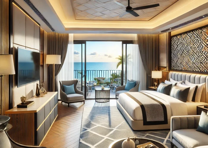 DALL·E 2025-02-21 16.32.25 – A luxurious hotel suite featuring a king-size bed, a stylish lounge area, a flat-screen TV, air conditioning, a private balcony with an ocean view, an DALL·E 2025-02-21 16.32.25 - A luxurious hotel suite featuring a king-size bed, a stylish lounge area, a flat-screen TV, air conditioning, a private balcony with an ocean view, an